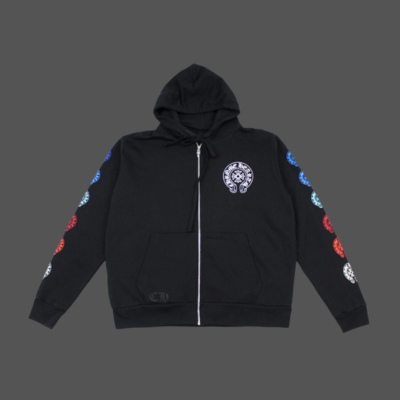 Multi Color Horseshoe Zip Hoodie in Black